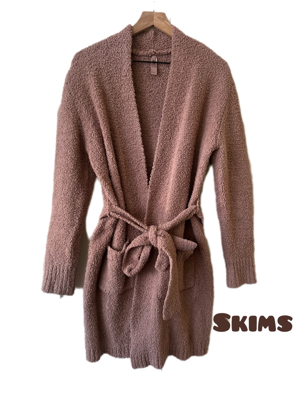 SKIMS Dusty Rose Belted Open-Front Bouclé Robe Size S/M
